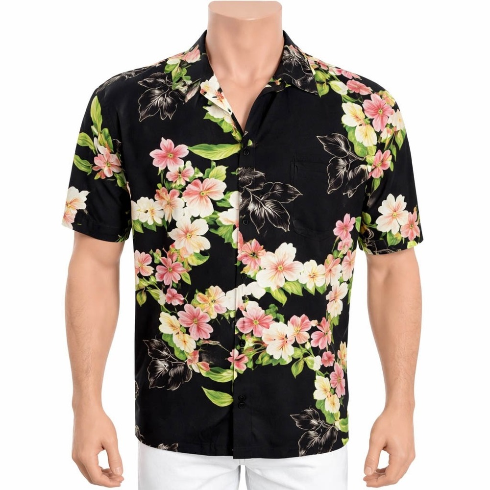 Two Palms Hawaiian Aloha Shirt XL Tropical Flowers Plumeria Floral Black